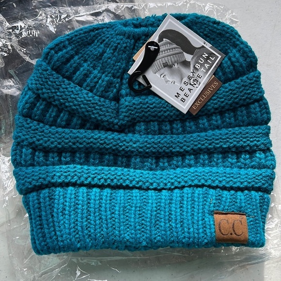 C.C Accessories - C.C Beanie Tail Cable Knit Messy High Bun Ponytail Hat Teal